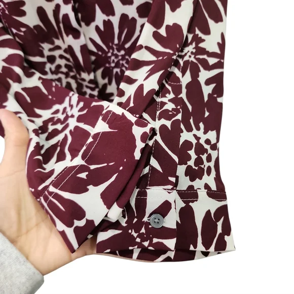 LOFT Floral Blouse Women Sz XL Burgundy Long Sleeve Casual Workwear Preppy Flowy - Picture 6 of 9